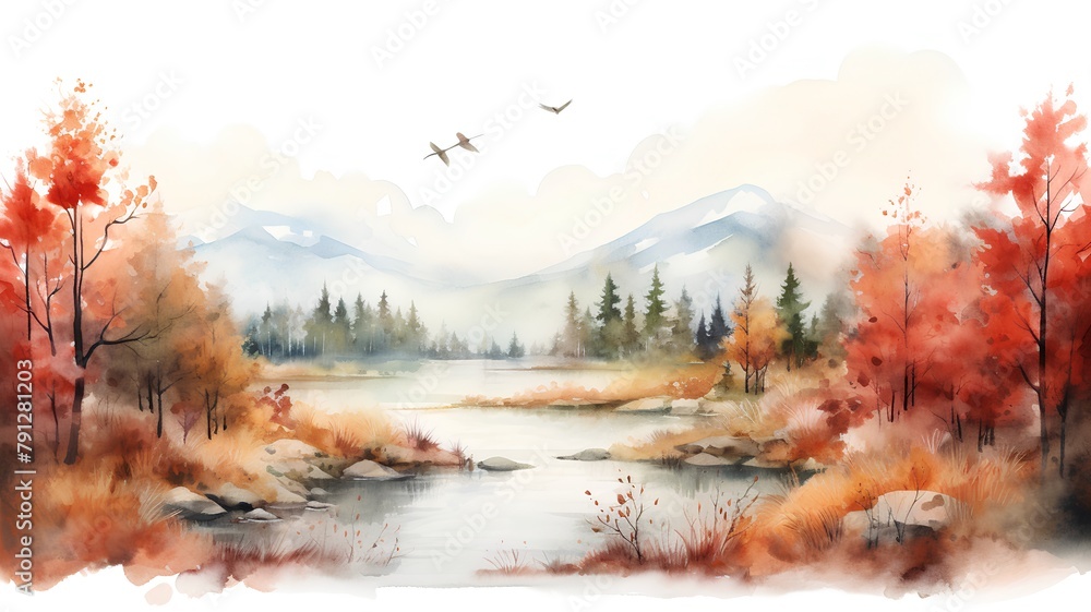 Watercolor autumn landscape with mountain lake and forest. Hand drawn illustration