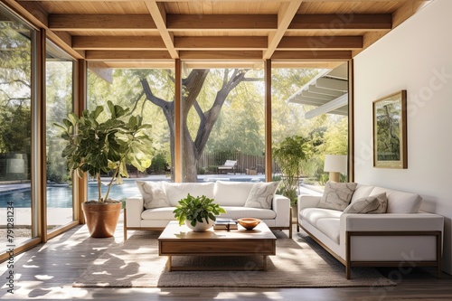 Cozy Living Room with Pool View and Wood Accents  Travel Destination