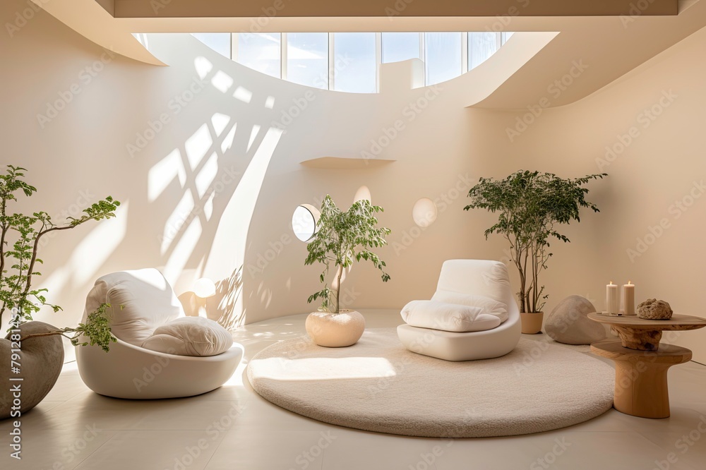 Contemporary Sunlit Space with Unique Ceiling Design