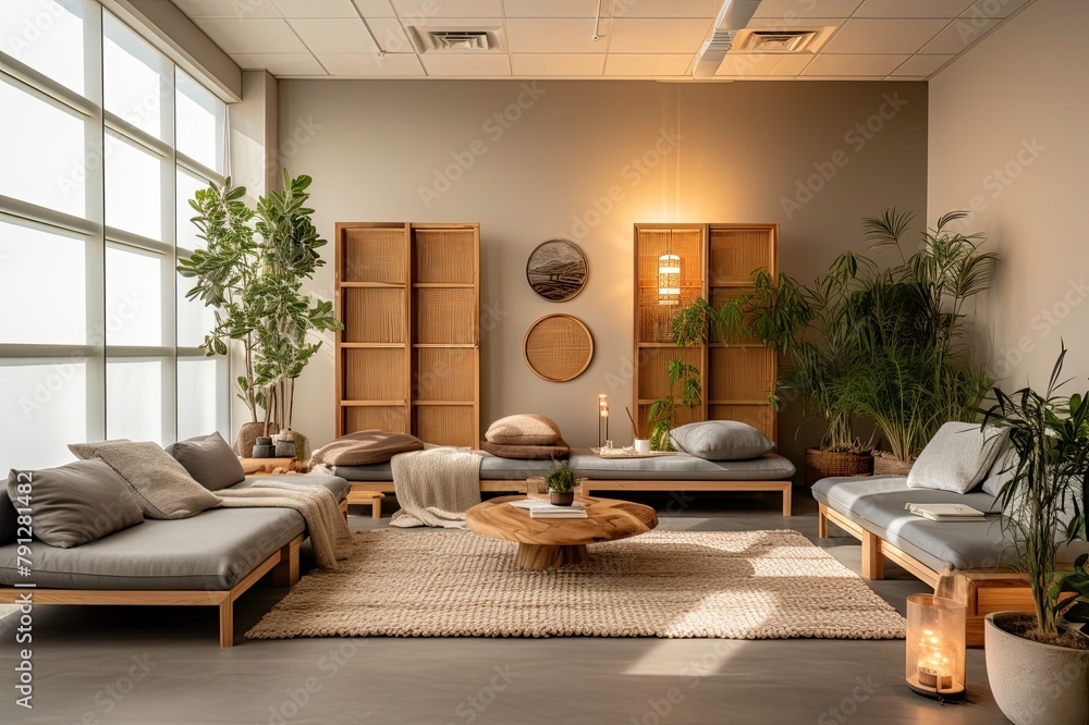 Fototapeta premium Zen Cozy Modern Living Room in Soft Warm Light