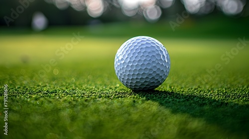 Close up of a White Golf Ball on Putting Surface Showcasing Intricate Dimples and Lush Green Grass
