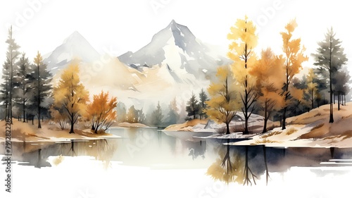 Watercolor autumn landscape with forest, lake and mountains. Hand drawn illustration photo