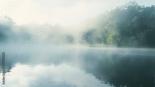 Misty morning scene with fog rising above a serene water body © Jing