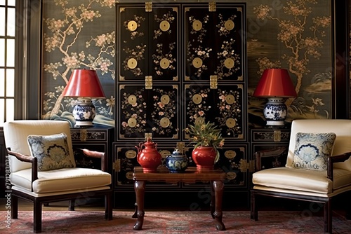 Ming Dynasty Oriental Rugs & Black Lacquer Chest: Bedroom Elegance Decor