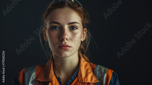 The determination in the eyes of a young woman in a professional mechanics uniform against a solid black background, ready to tackle challenges head-on photo