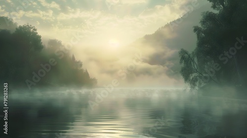 Misty morning scene with fog rising above a serene water body