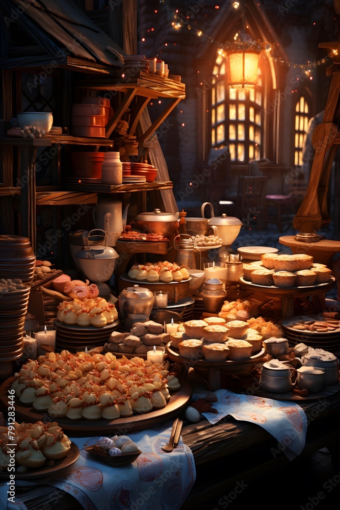 Christmas market stall with sweets and candies, 3d render.