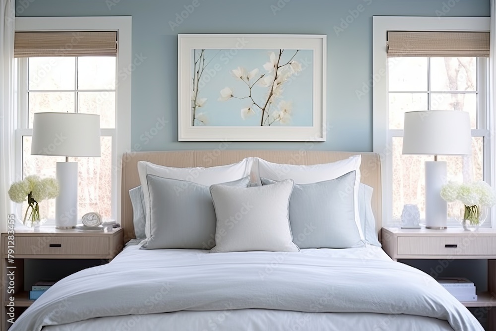 Moonlit Tranquility: Blue Walls and White Bedding Bedroom Decor