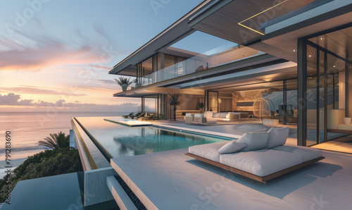 modern house in Cape Town with an infinity pool overlooking the ocean, large open living room with terrace and swimming area © Kien