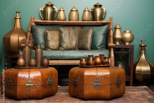 Moroccan Bazaar Living Room: Mint Tea Glassware & Leather Ottomans Inspiration