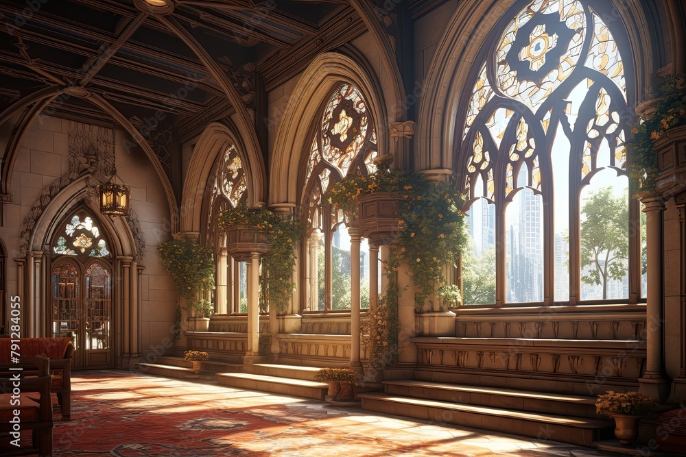 Neo-Gothic Castle Foyer Concepts: Clerestory Windows and Parapet Indoor Views Neo-Gothic Castle Foyer Concepts: Clerestory Windows and Parapet Indoor Views