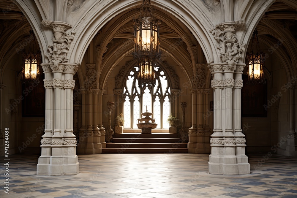 �Neo-Gothic Castle Foyer Concepts: Dramatic Entryway Lanterns on Stone Pedestals�