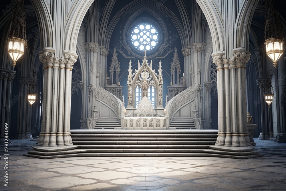 Gothic Trefoil Designs & Marble Statuettes in NeoGothic Castle Foyer