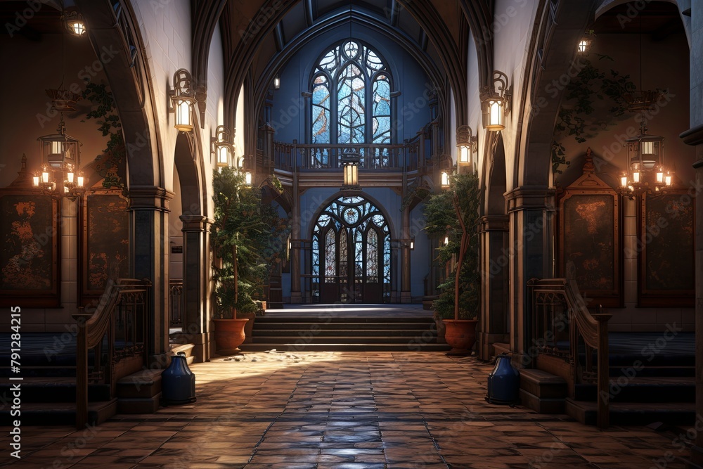 Neo-Gothic Castle Foyer Concepts: Ironwork Gates and Cobblestone Accents Forever