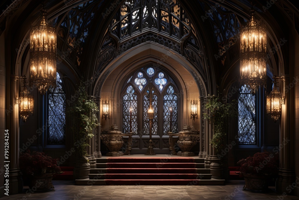 Fototapeta premium Neo-Gothic Castle Foyer Concepts: Illuminated Manuscript Decor & Dark Metal Accents