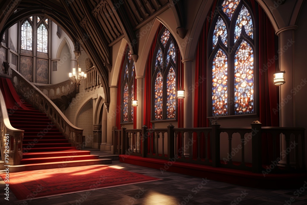 Neo-Gothic Castle Foyer: Oriel Windows and Plush Red Carpet Elegance