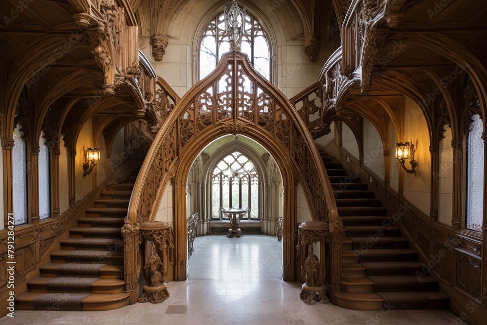 Fototapeta premium Stained Glass Grandeur: Neo-Gothic Castle Foyer Designs with Arched Ceilings