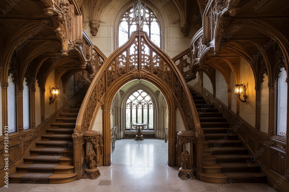 Stained Glass Grandeur: Neo-Gothic Castle Foyer Designs with Arched Ceilings