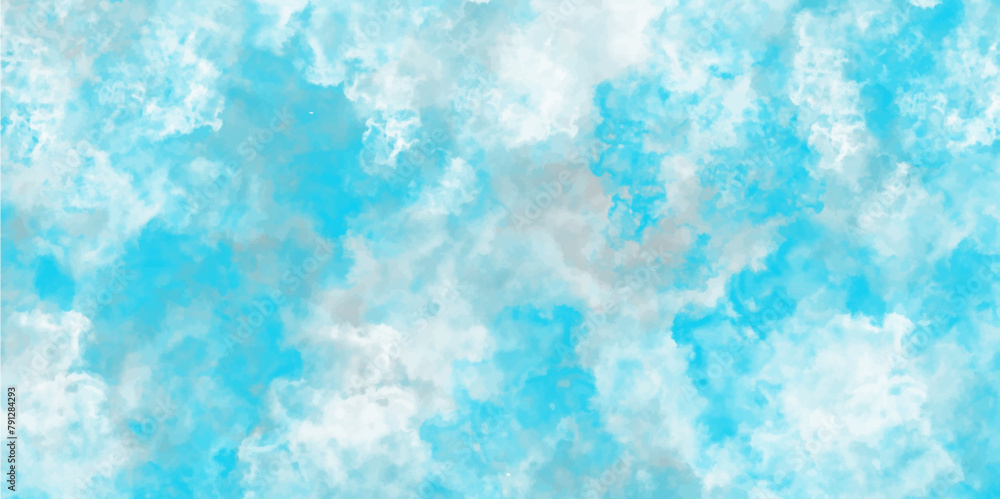 Panorama of blue sky with white clouds. Sky clouds landscape light background. White cumulus clouds formation in blue sky. Brush-painted blurred and grainy paint aquarelle.