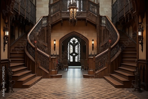 Ironwork Gates and Cobblestone Accents in Neo-Gothic Castle Foyer Concepts