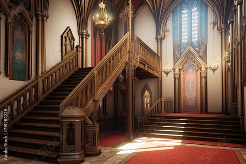 Regal Staircases & Heraldic Banner Stands: Neo-Gothic Castle Foyer Concepts