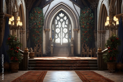 Knightly Sculptures and Tapestry Runners in Neo-Gothic Castle Foyer: Conceptual Design photo