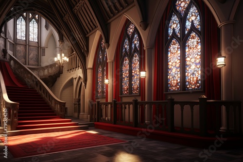 Neo-Gothic Castle Foyer  Oriel Windows and Plush Red Carpet Elegance