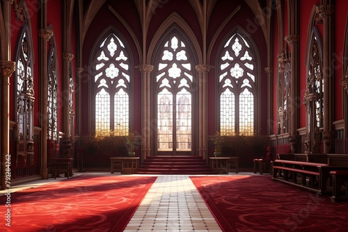 Oriel Windows & Plush Red Carpets: Neo-Gothic Castle Foyer Concepts photo