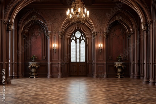 Ornate Neo-Gothic Castle Foyer: Crown Molding Charms & Dark Wood Floors Ambiance photo