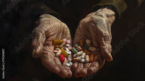 A pair of old hands holds a handful of medicine photo