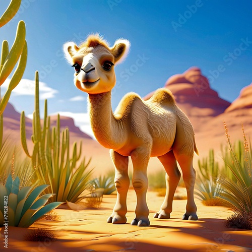 Cute smiling baby camel  desert cactus plants sand dunes blue sky  copy space  cartoon  for kids  children s items occasions