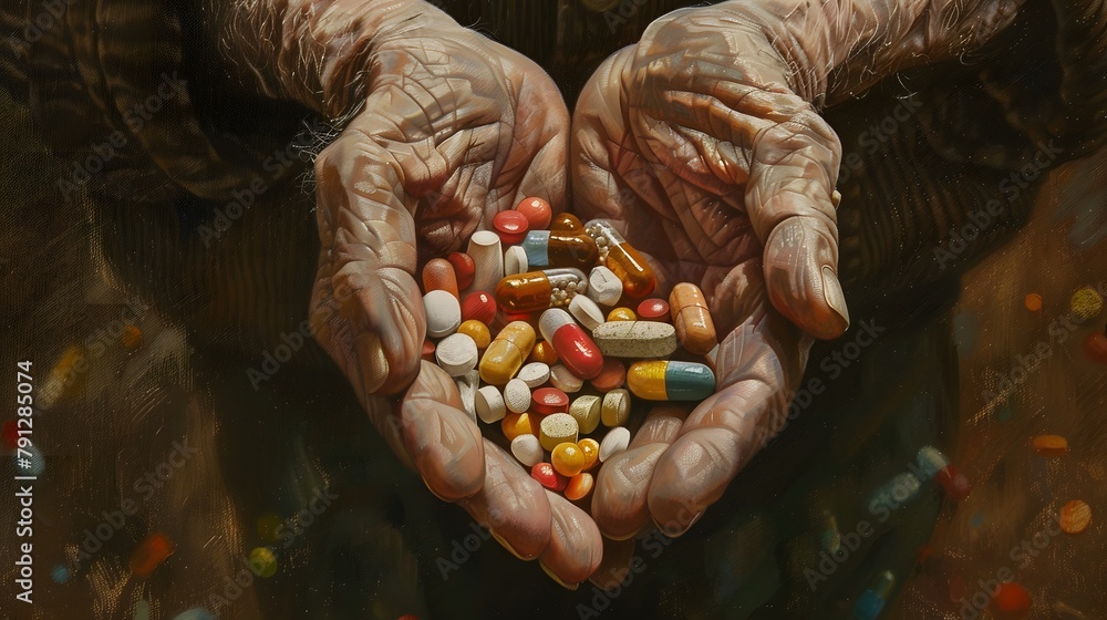 A pair of old hands holds a handful of medicine - obrazy, fototapety, plakaty 