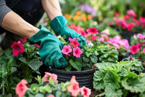Gardener Planting Brightly Colored Flowers in a Vibrant Garden During Springtime