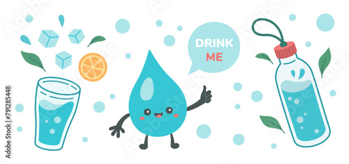 Drink more water concept, drinking water in glass, bottle. Water drop Kawaii character showing thumbs up. Cartoon style, correct daily habits, morning rituals. Zero waste. Vector illustration.
