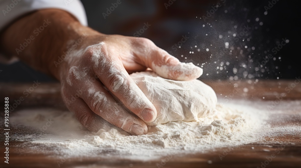 Close-up of a baker's hands kneading dough on a floured surface, capturing the motion and the dusting of flour in the air. 