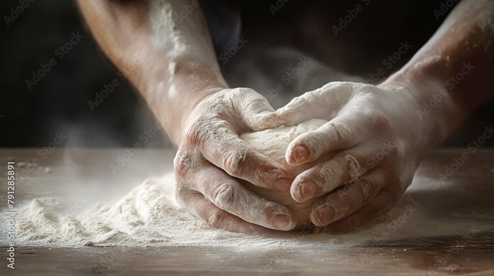 Close-up of a baker's hands kneading dough on a floured surface, capturing the motion and the dusting of flour in the air.