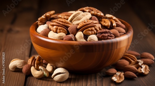 Close-up of a bowl of mixed nuts (walnuts, almonds, pecans) for bakery use, on a warm, wooden background. 