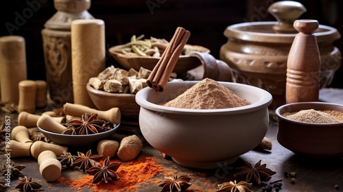 Ceramic bowls of various baking spices (cinnamon, nutmeg, cloves), close-up, with a mortar and pestle, on an antique table.