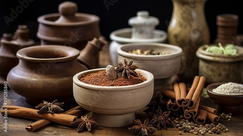 Ceramic bowls of various baking spices (cinnamon, nutmeg, cloves), close-up, with a mortar and pestle, on an antique table. 