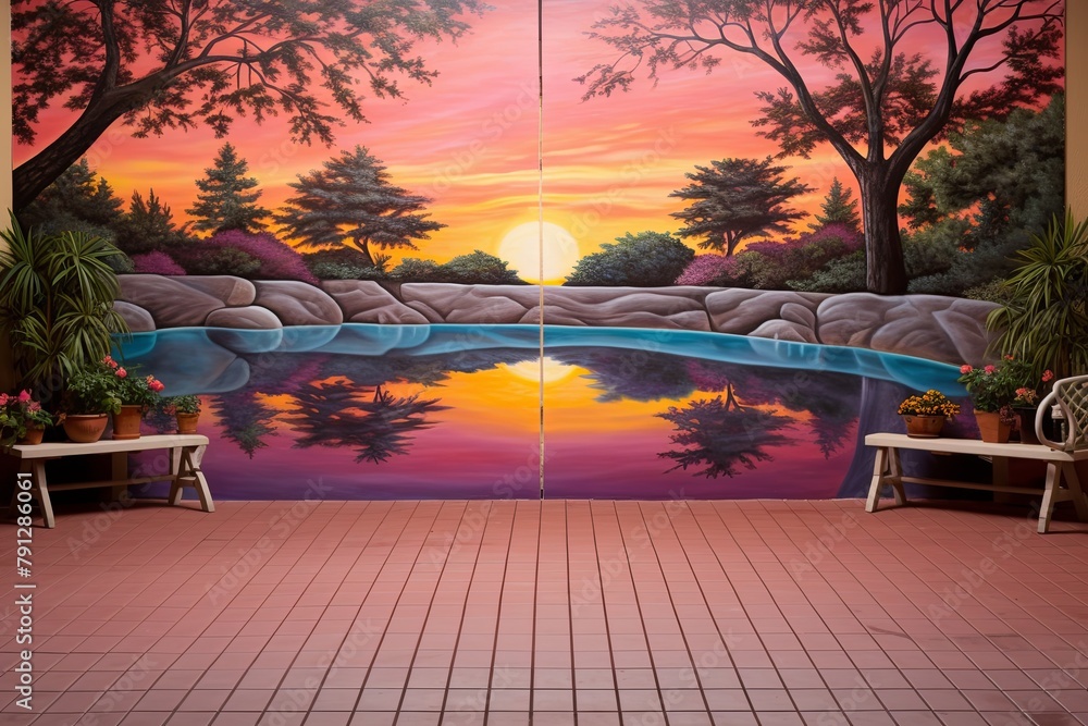 Reflection Pond Sunrise Yoga Meditation Patio with Wall Mural Ideas