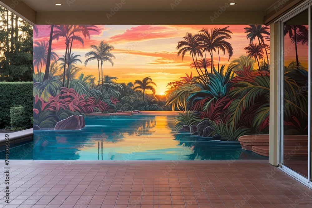 Sunrise Yoga Meditation Patio: Reflection Pond & Sunrise Wall Mural Ideas