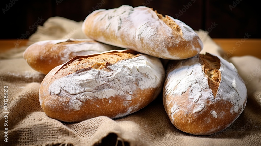 Italian ciabatta loaves, close-up, with a focus on the porous, airy crumb and crusty exterior, on a burlap cloth. 