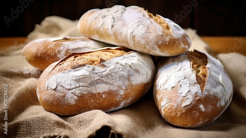 Italian ciabatta loaves, close-up, with a focus on the porous, airy crumb and crusty exterior, on a burlap cloth. 