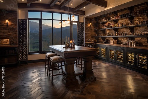 Tuscan Hillside Wine Tasting Room Designs: Ambient Lighting & Herringbone Floor Elegance