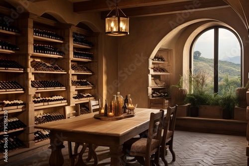 Tuscan Hillside Wine Tasting Room Designs: Ambient Lighting & Herringbone Floor Elegance