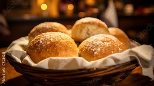Close-up of Mexican bolillo rolls in a basket, highlighting the crusty exterior and soft, white crumb, under soft lighting.  photo
