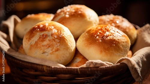 Close-up of Mexican bolillo rolls in a basket, highlighting the crusty exterior and soft, white crumb, under soft lighting. - photo