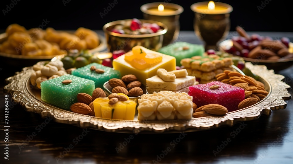 Close-up of a Diwali-themed platter with assorted traditional sweets, vibrant and rich in color, on a golden tray. 