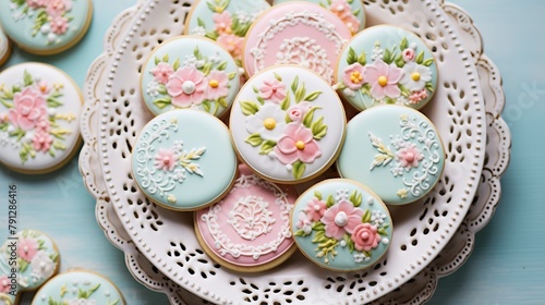 Easter-themed sugar cookies, close-up, decorated with pastel royal icing and spring motifs, on a pastel plate.