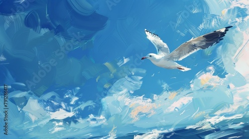 Seagull soaring above ocean under clear sky